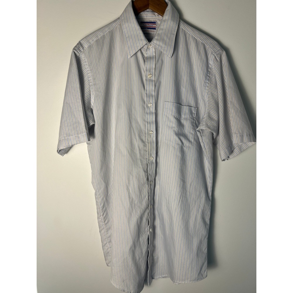 VTG JCPenney Button Down Shirt Wm 16.5 Blue White Pinstripe Satin Touch